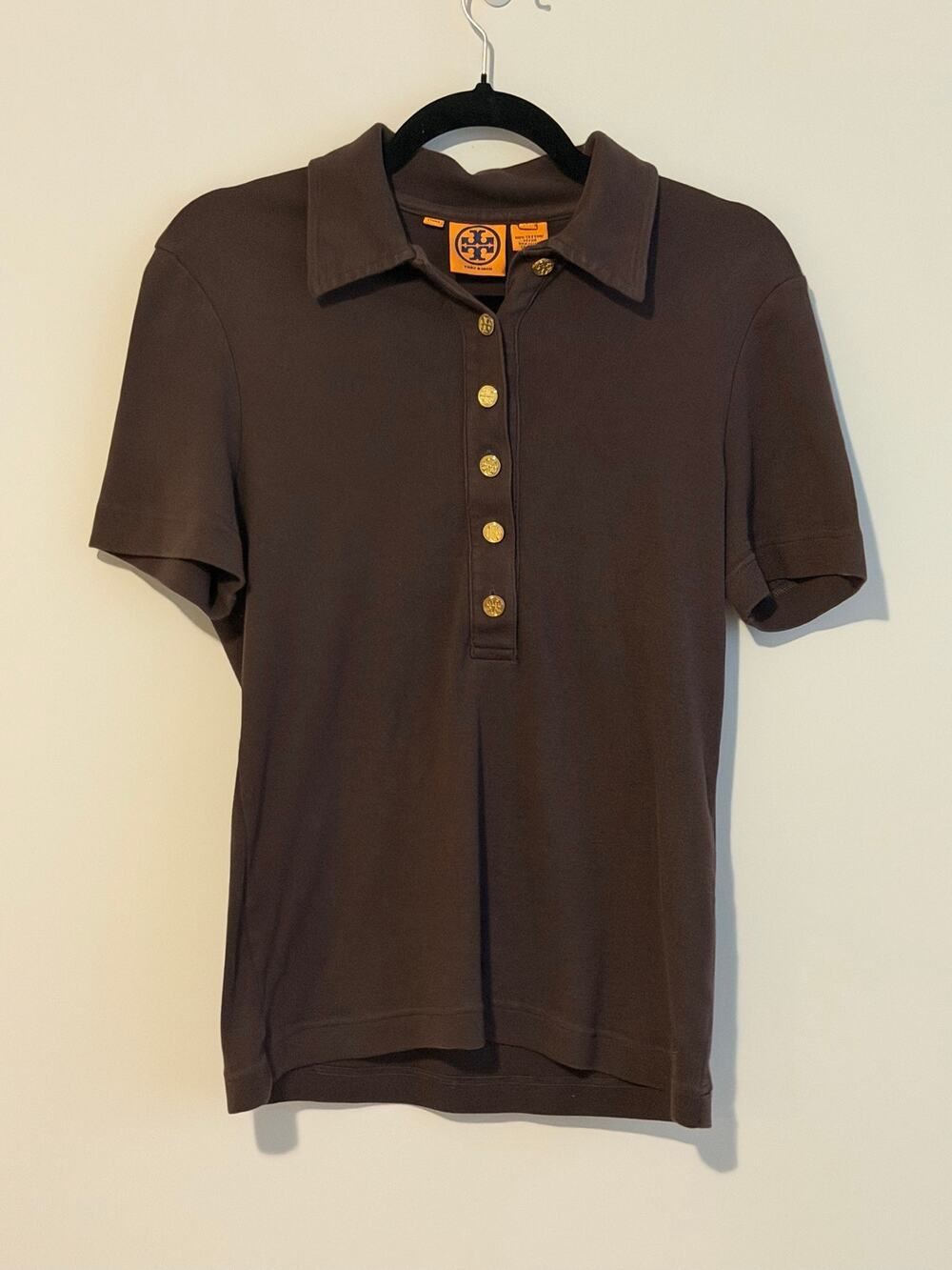 Tory Burch Brown Cotton Short Sleeve Polo Button-Up Shirt Size Small